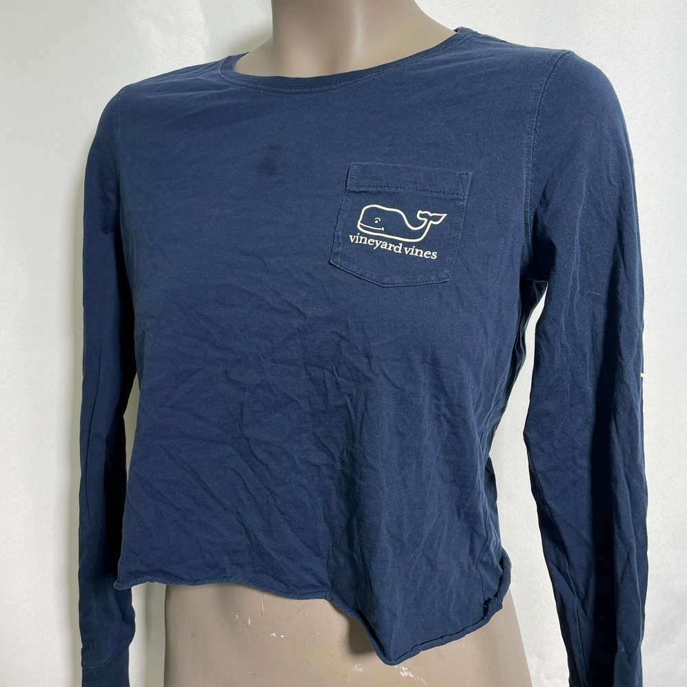Vineyard Vines Long Sleeve Cropped Navy Blue Whale Sailboats T-Shirt Women's XS - Picture 4 of 9